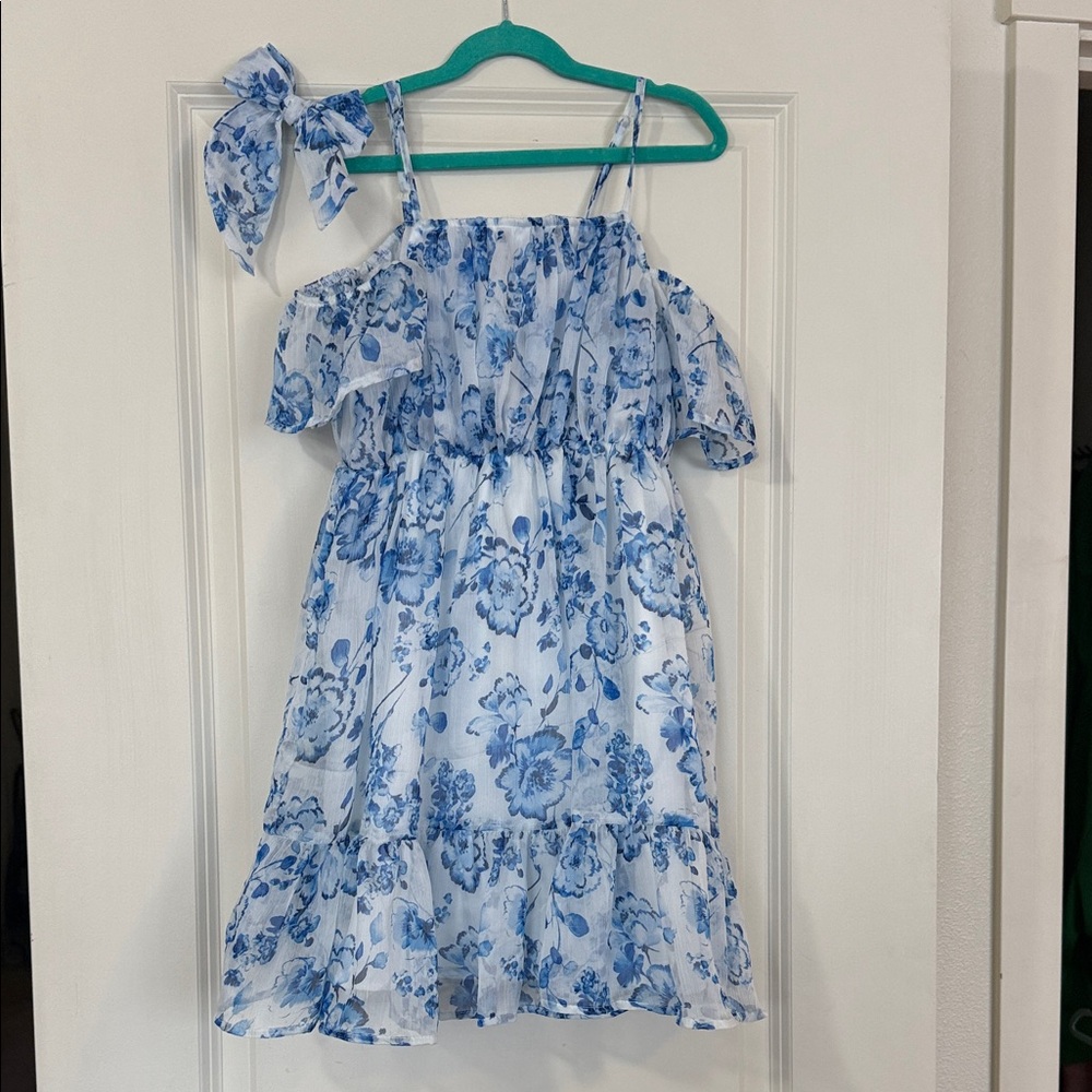 Chic Blue Floral Kids Dress with Bow